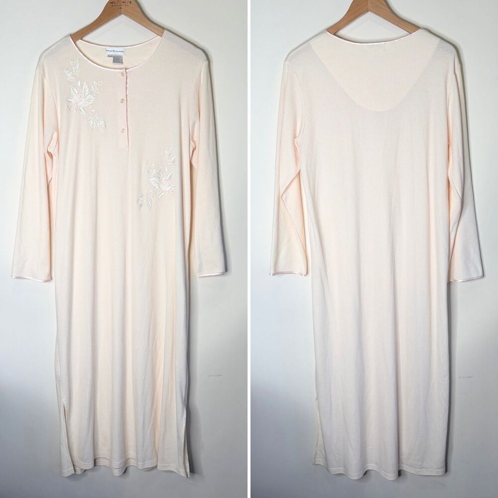 Miss Elaine Night Gown Pink Ribbed Knit Long Sleeve Maxi Embroidered Floral M